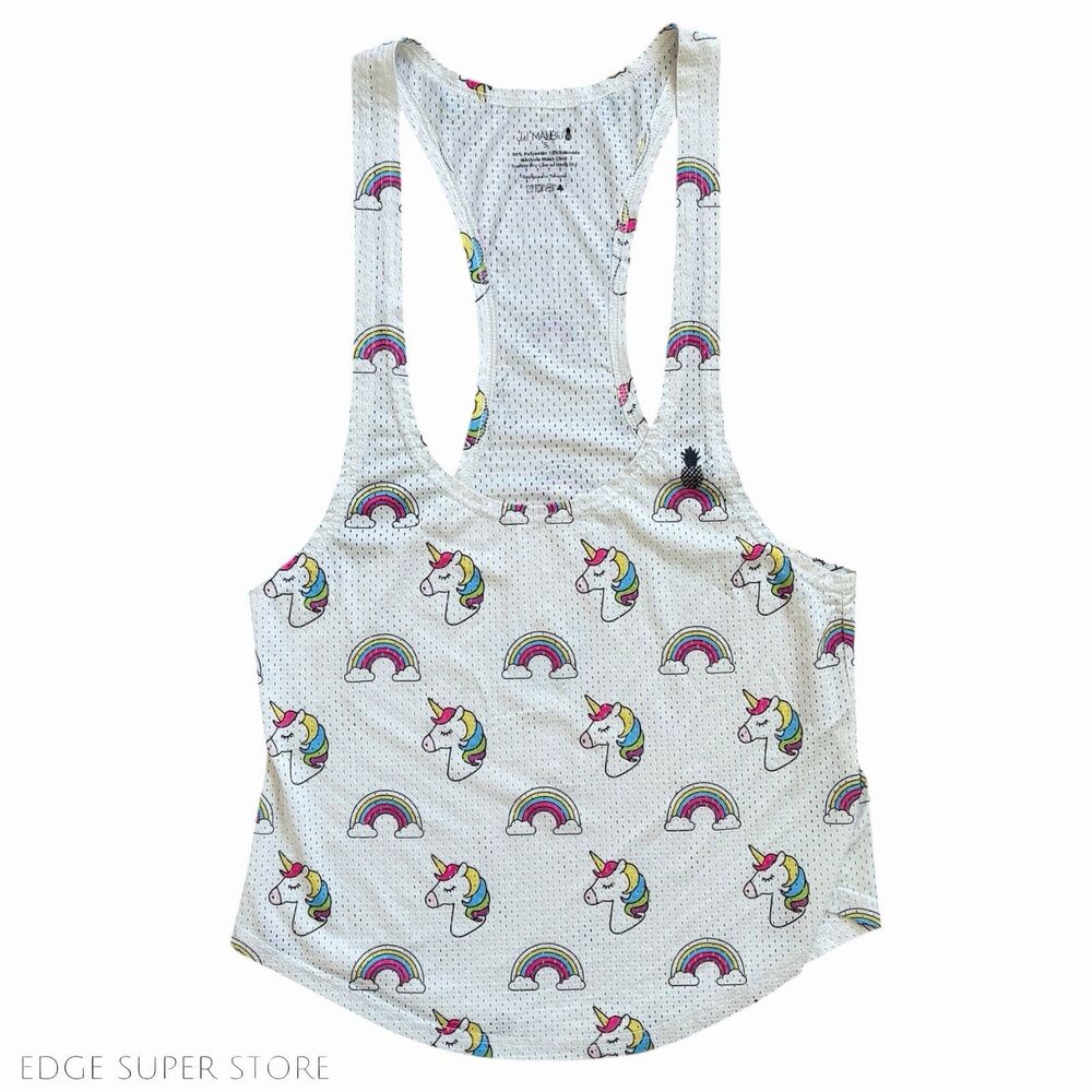 JJ Malibu Men's Unicorn Rainbow Print Mesh Tank Top S White Multicolor Athletic